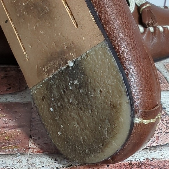 Fat Face British Brown Leather Loafers Women's 8.5 Cream Bow Stitching‎ Heritage - Picture 15 of 16